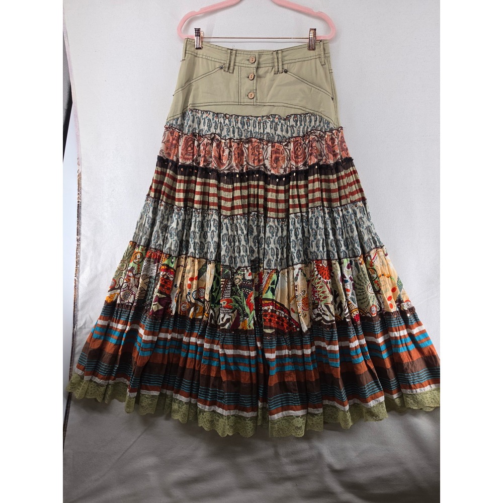 Boston Proper Patchwork Tiered Maxi Skirt Boho Mixed Print Lace Trim Small
